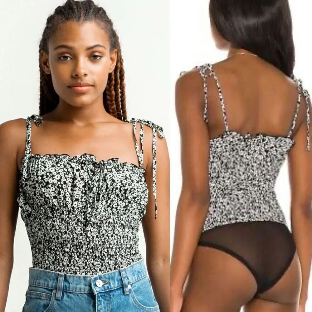 Free People Bardot Black White floral Bodysuit - Women’s US S